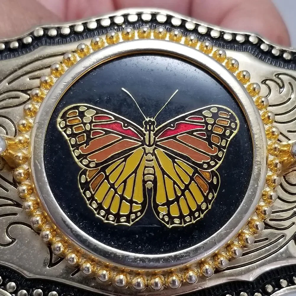 Vintage Belt Buckle Colorful Butterfly Gold Color Western‎ Filigree Made In USA